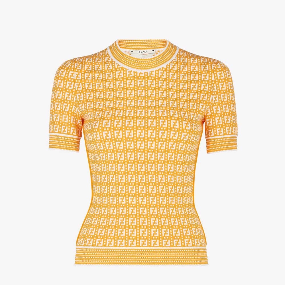 Fendi FF Logo Knit Top Orange White Fitted Short Sleeve Luxury Tee